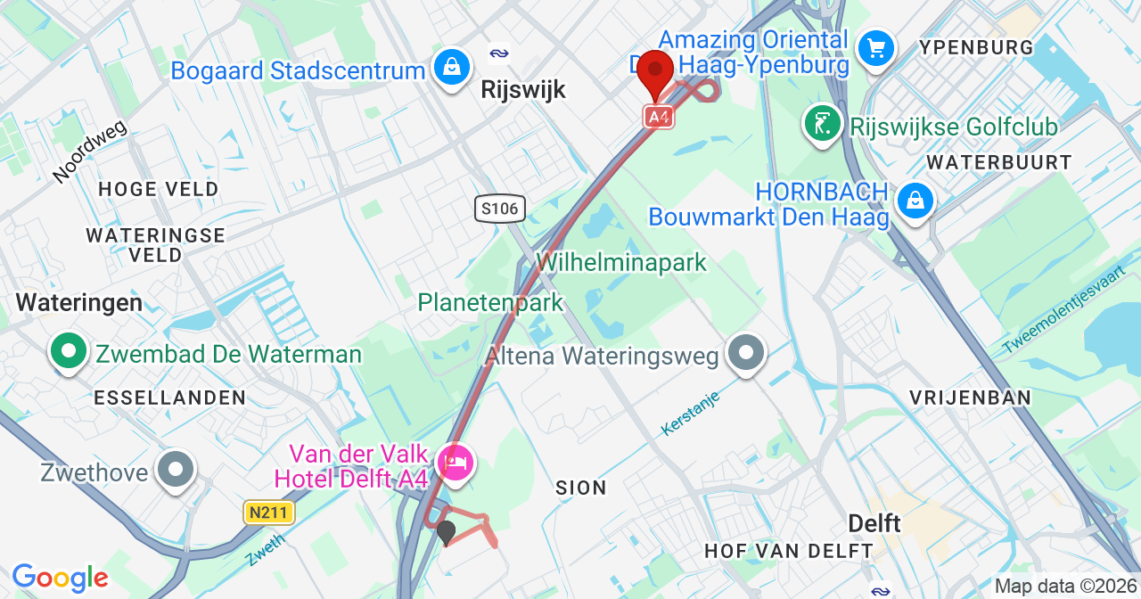 Kaart van het incident in Rijswijk met de aanrijroutes van de gealarmeerde eenheden