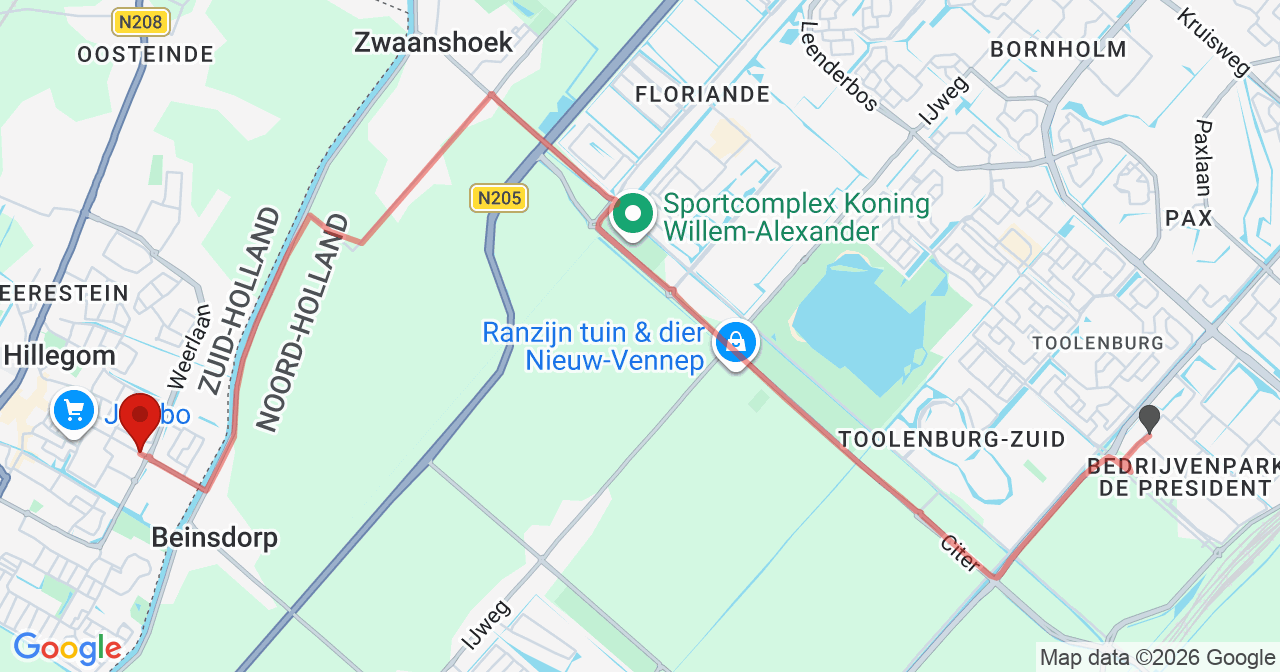 Kaart van het incident in Hillegom met de aanrijroutes van de gealarmeerde eenheden