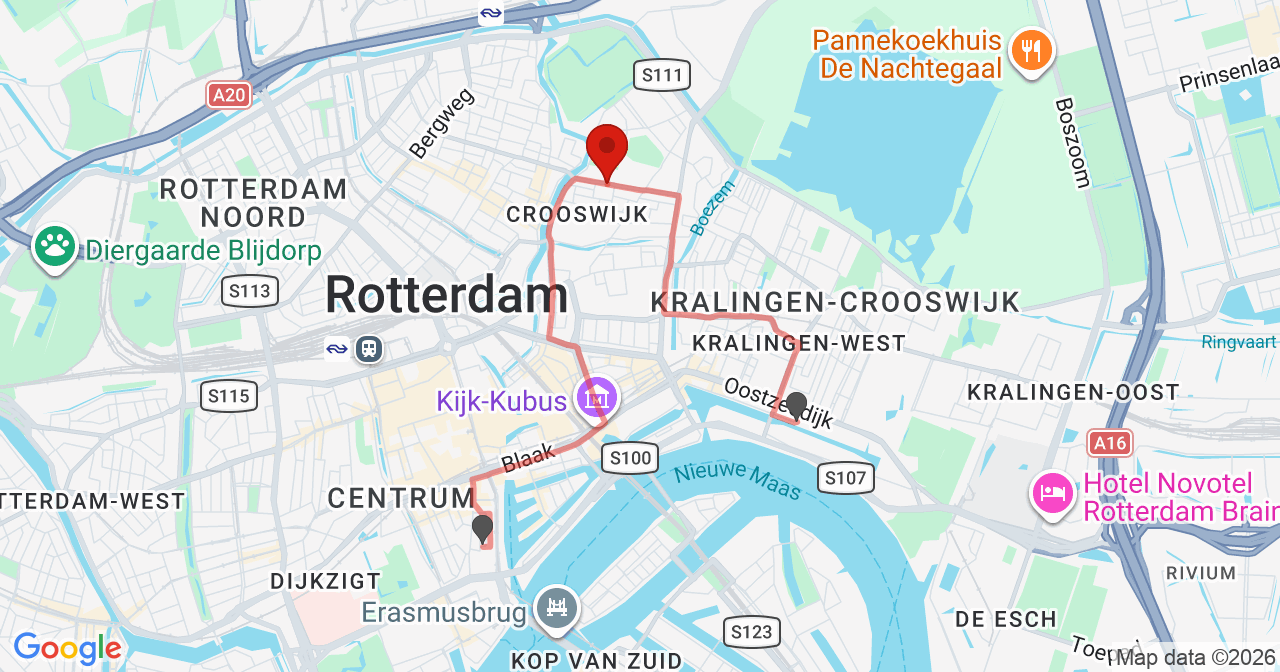 Kaart van het incident in Rotterdam met de aanrijroutes van de gealarmeerde eenheden