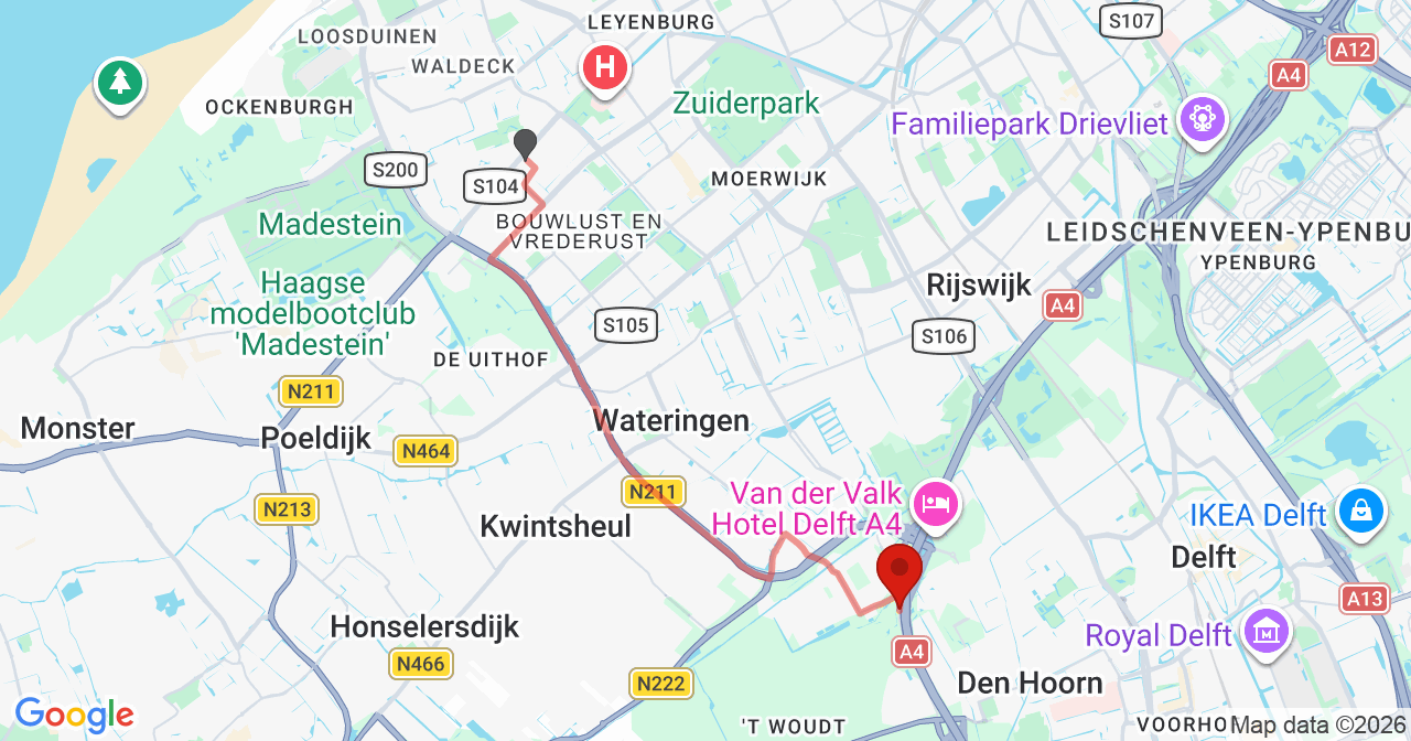 Kaart van het incident in Den Hoorn met de aanrijroutes van de gealarmeerde eenheden