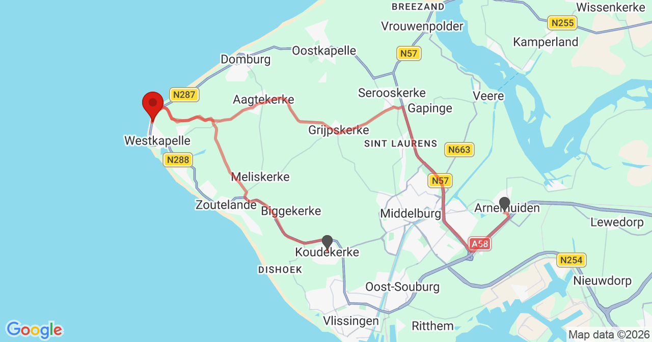 Kaart van het incident in Westkapelle met de aanrijroutes van de gealarmeerde eenheden