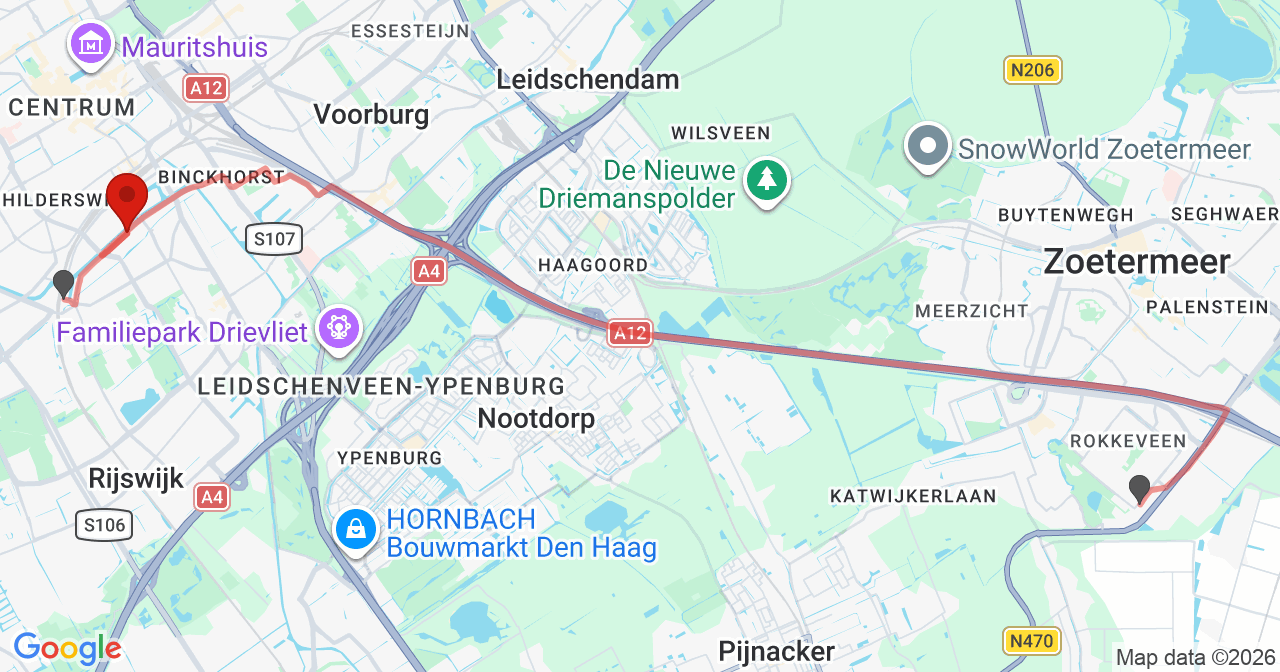 Kaart van het incident in 's-Gravenhage met de aanrijroutes van de gealarmeerde eenheden