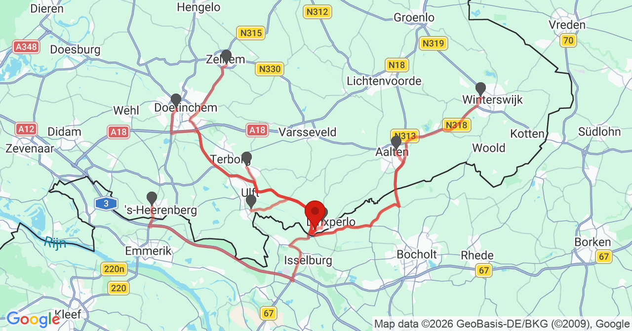 Kaart van het incident in Dinxperlo met berekende routes vanaf gealarmeerde posten