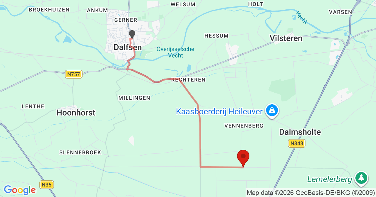 Kaart van het incident in Lemelerveld met berekende routes vanaf gealarmeerde posten