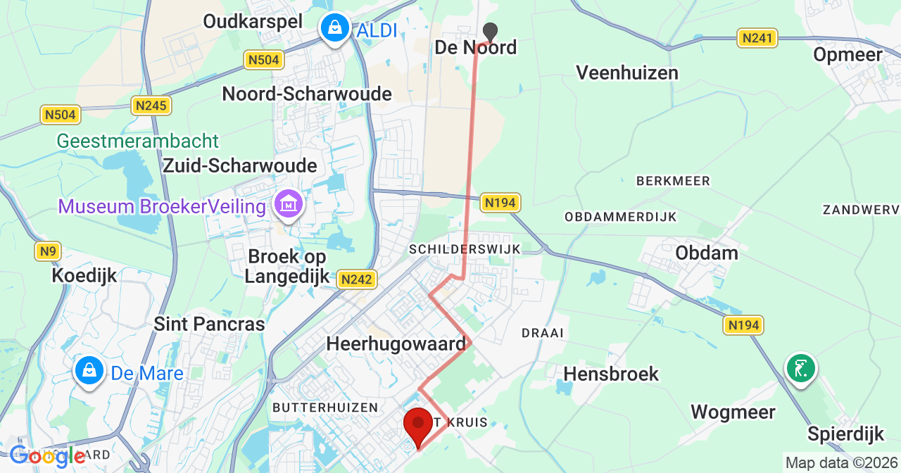 Kaart van het incident in Heerhugowaard met de aanrijroutes van de gealarmeerde eenheden