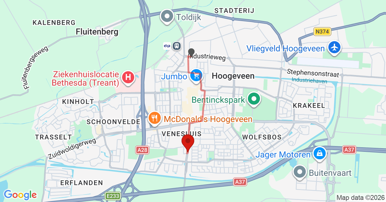 Kaart van het incident in Hoogeveen met de aanrijroutes van de gealarmeerde eenheden