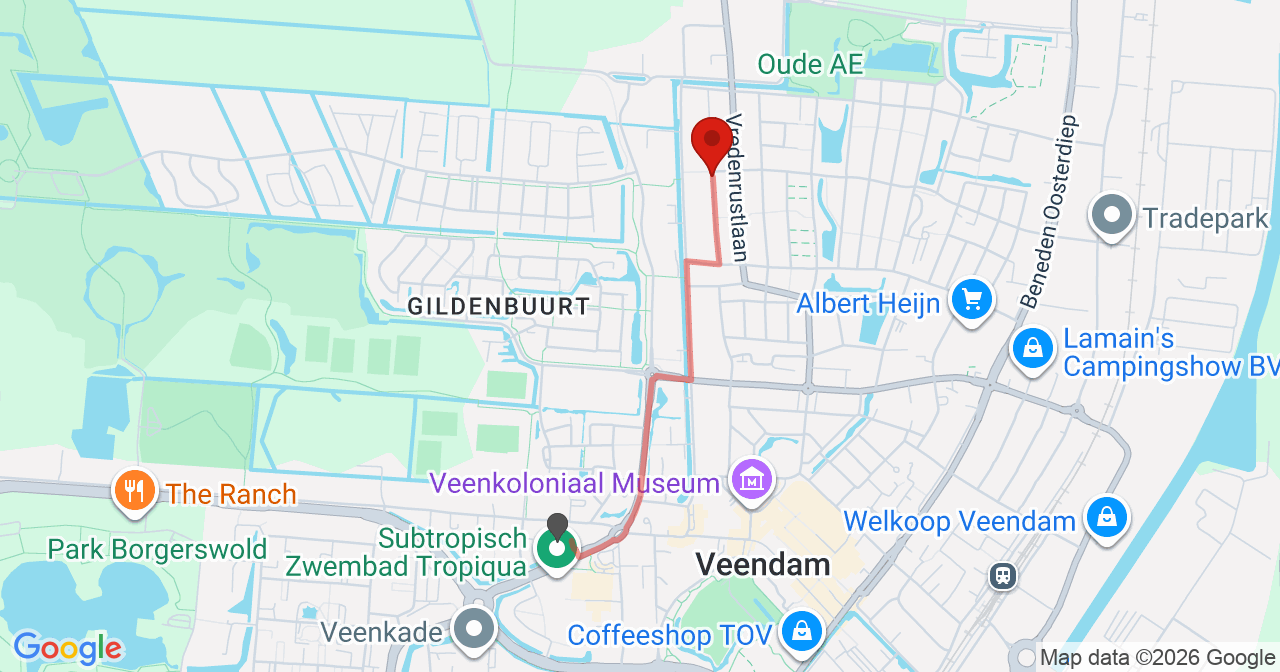 Kaart van het incident in Veendam met berekende routes vanaf gealarmeerde posten