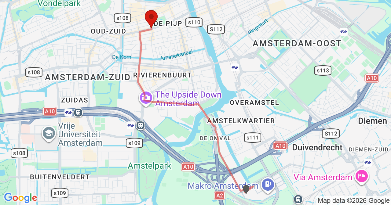 Kaart van het incident in Amsterdam met de aanrijroutes van de gealarmeerde eenheden