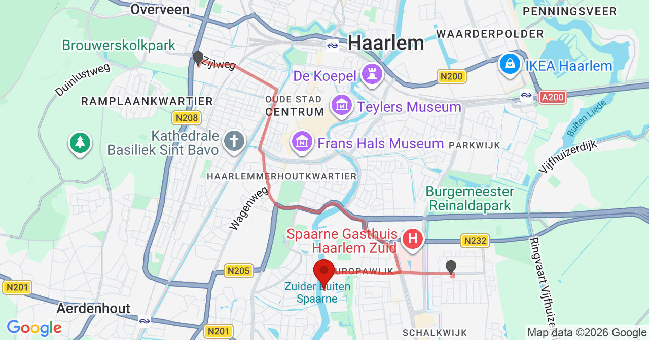 Kaart van het incident in Haarlem met berekende routes vanaf gealarmeerde posten