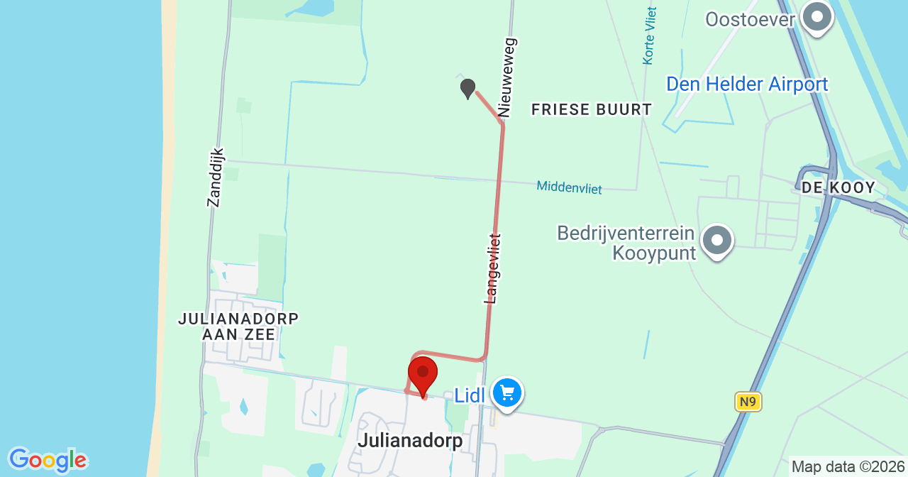 Kaart van het incident in Julianadorp met de aanrijroutes van de gealarmeerde eenheden