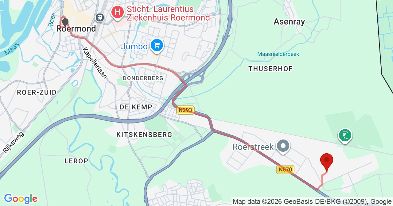 Kaart van het incident in Roermond met de aanrijroutes van de gealarmeerde eenheden