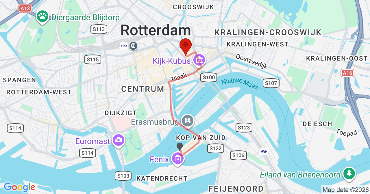 Kaart van het incident in Rotterdam met de aanrijroutes van de gealarmeerde eenheden
