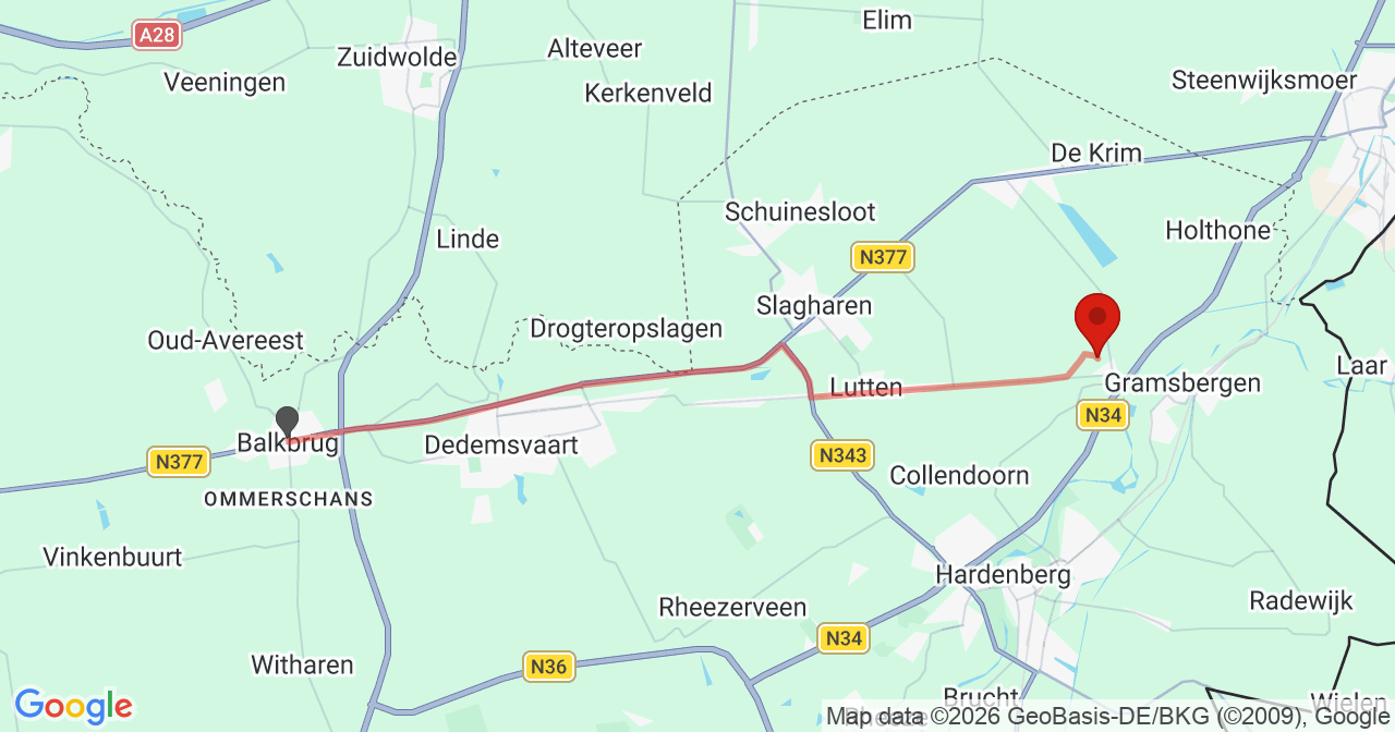 Kaart van het incident in Ane met berekende routes vanaf gealarmeerde posten