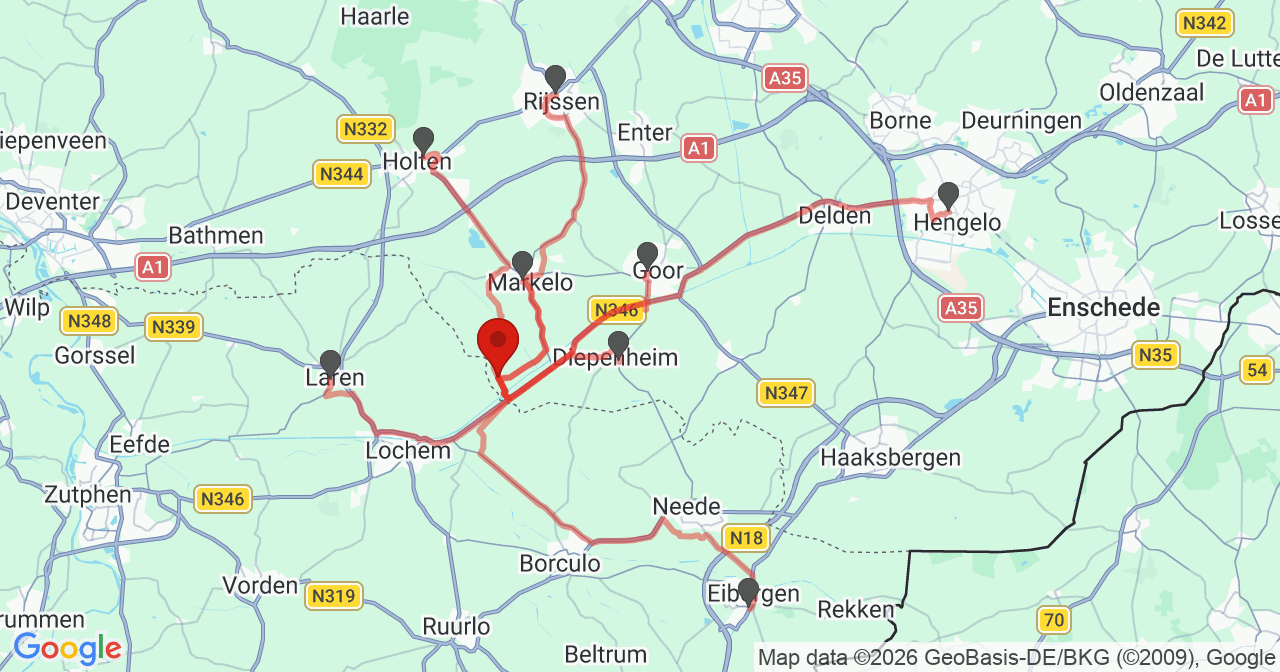 Kaart van het incident in Markelo met de aanrijroutes van de gealarmeerde eenheden