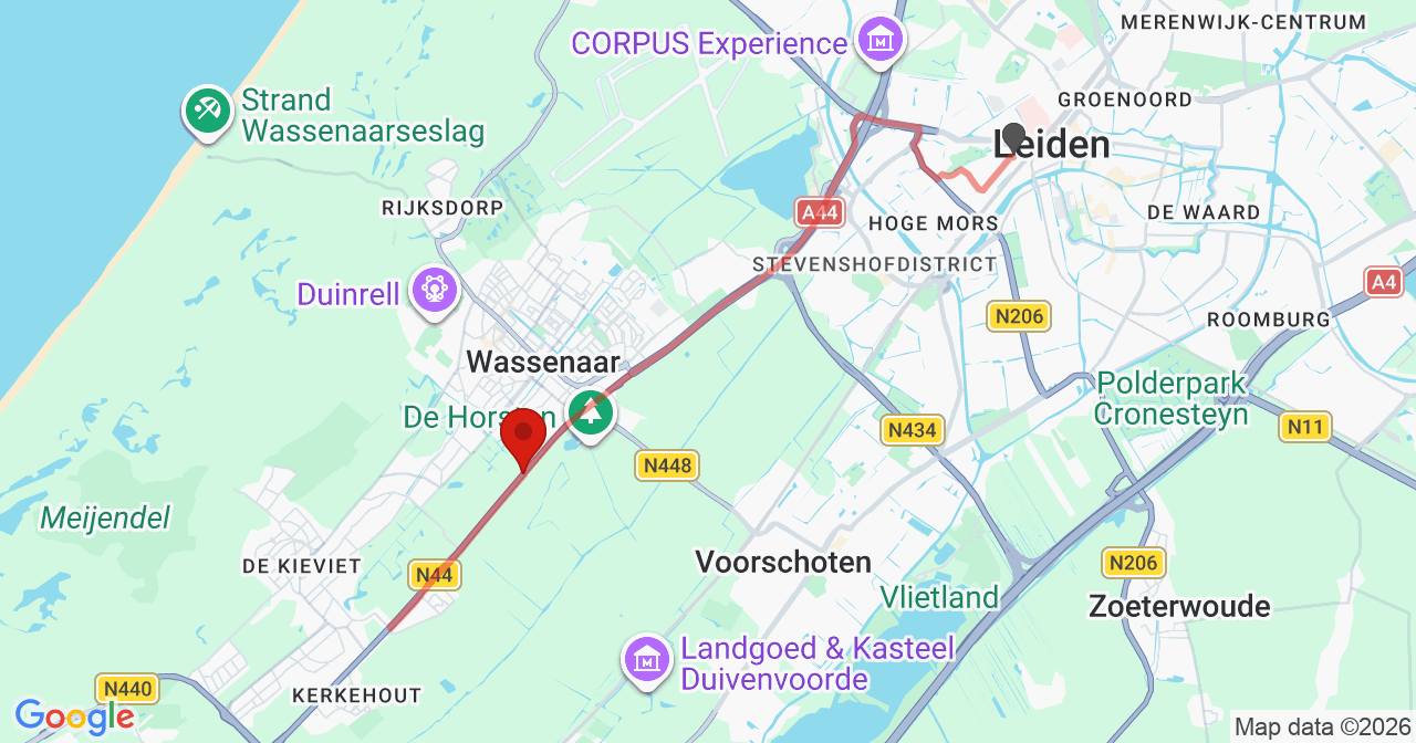 Kaart van het incident in Wassenaar met de aanrijroutes van de gealarmeerde eenheden