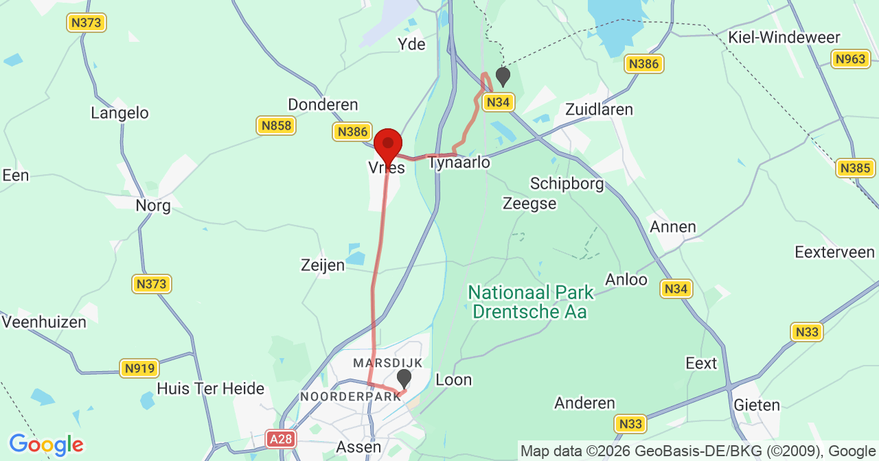 Kaart van het incident in Vries met de aanrijroutes van de gealarmeerde eenheden