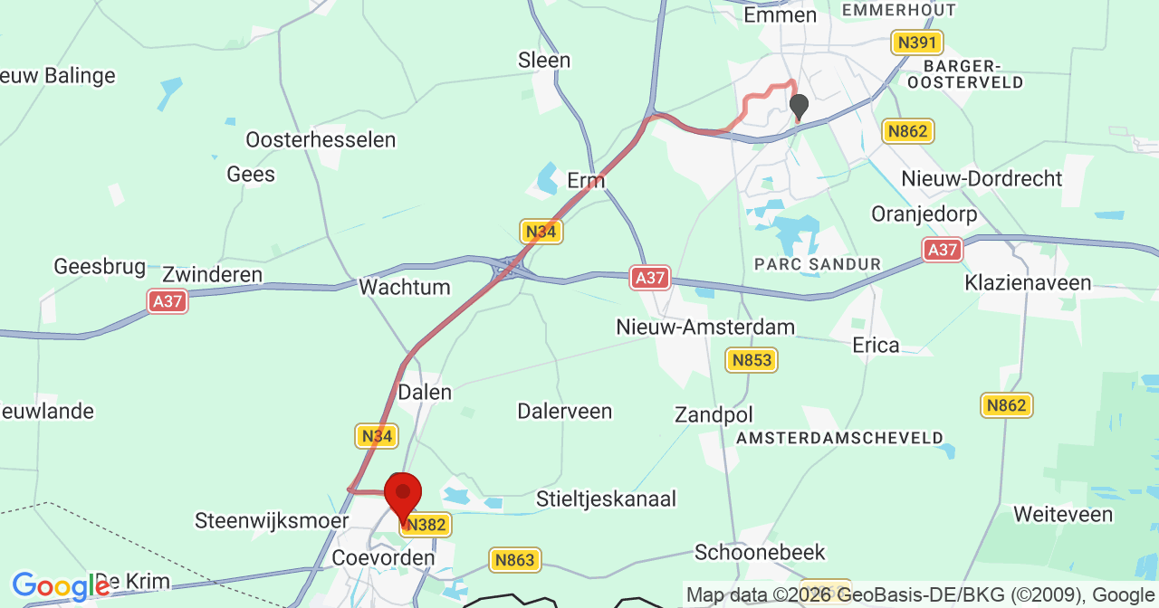 Kaart van het incident in Coevorden met de aanrijroutes van de gealarmeerde eenheden