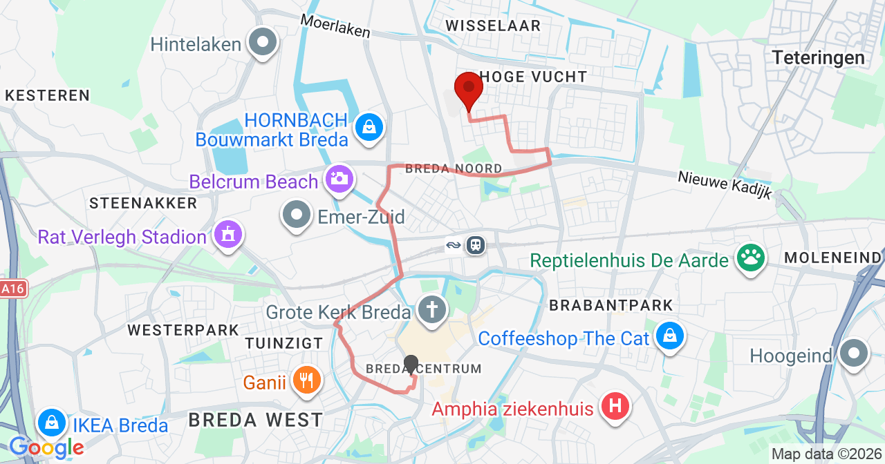 Kaart van het incident in Breda met de aanrijroutes van de gealarmeerde eenheden