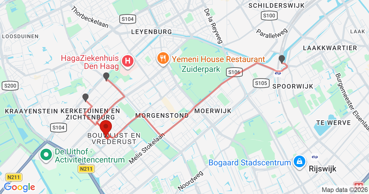 Kaart van het incident in 's-Gravenhage met de aanrijroutes van de gealarmeerde eenheden