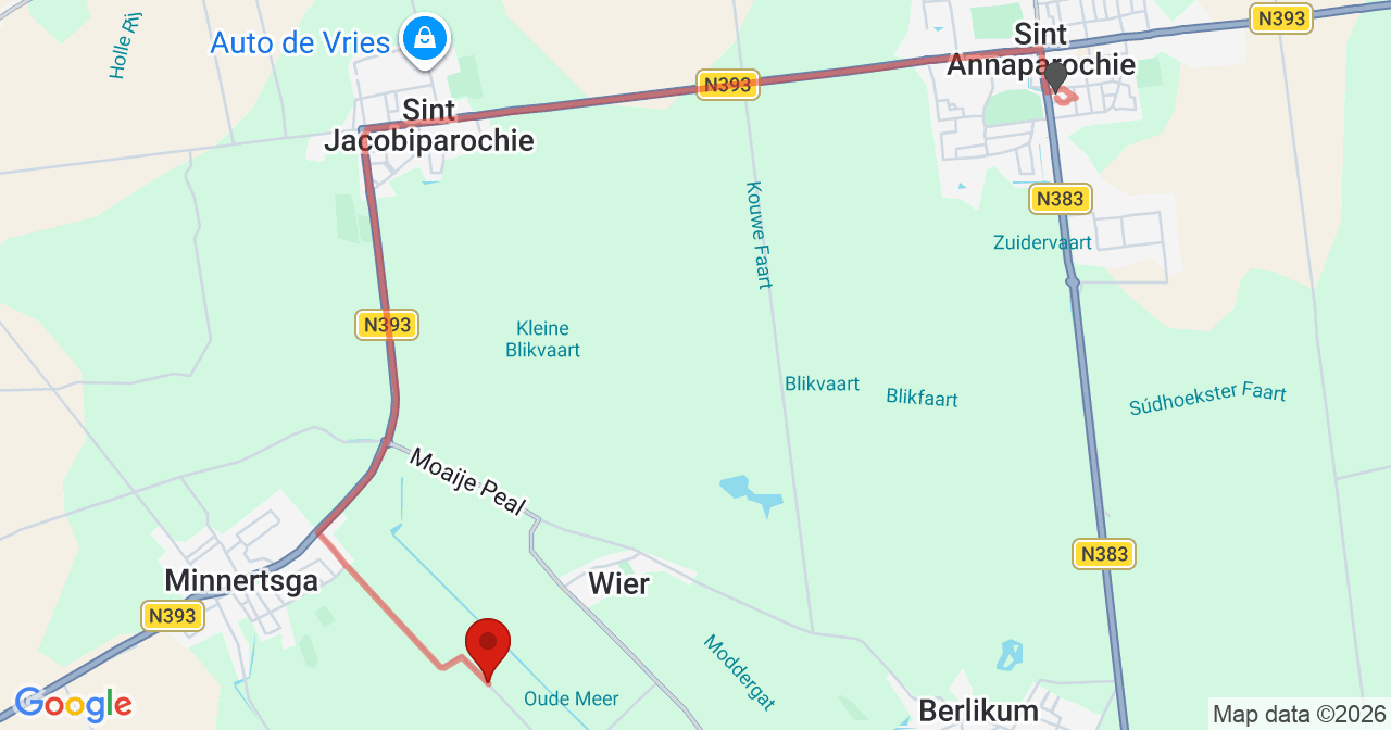 Kaart van het incident in Minnertsga met de aanrijroutes van de gealarmeerde eenheden