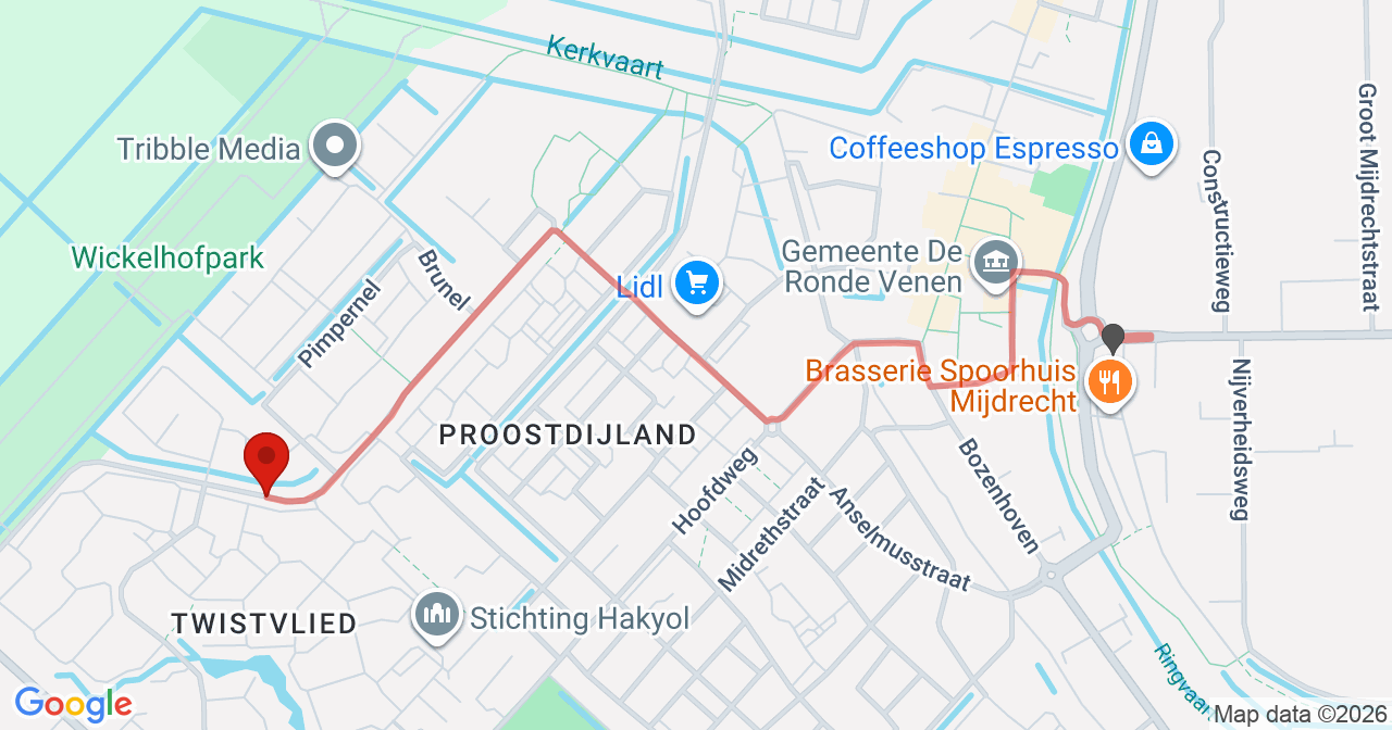 Kaart van het incident in Mijdrecht met berekende routes vanaf gealarmeerde posten