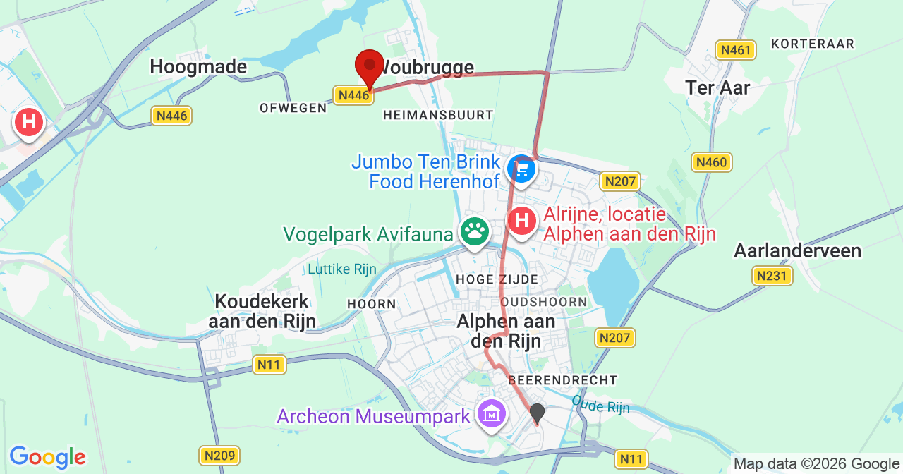 Kaart van het incident in Woubrugge met de aanrijroutes van de gealarmeerde eenheden