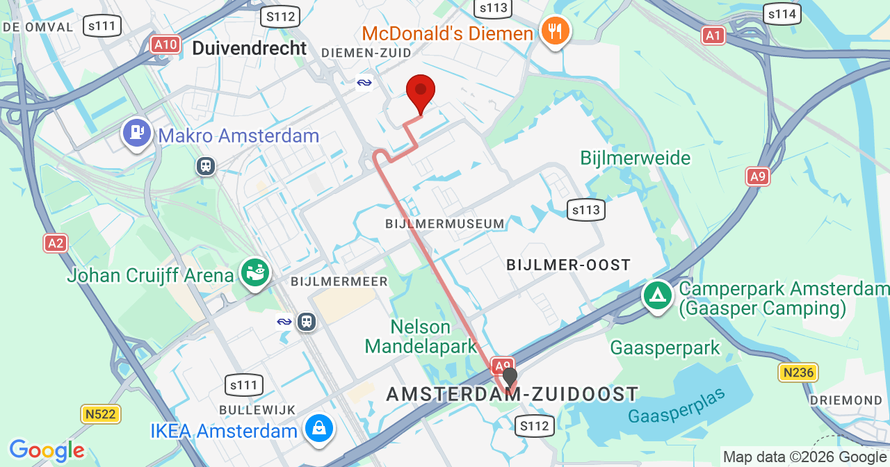 Kaart van het incident in Diemen met berekende routes vanaf gealarmeerde posten
