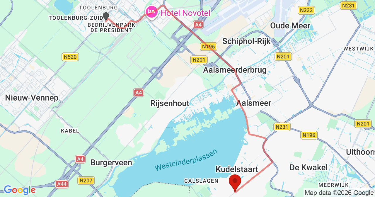 Kaart van het incident in Kudelstaart met de aanrijroutes van de gealarmeerde eenheden