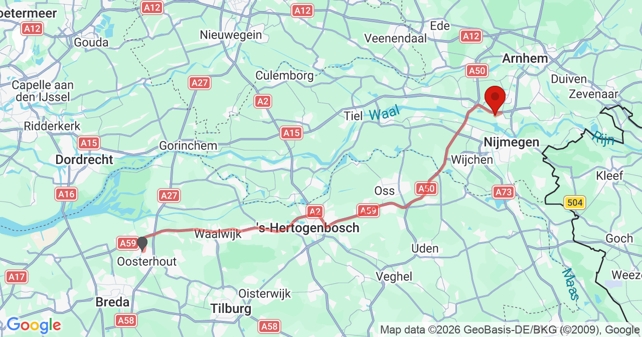 Kaart van het incident in Oosterhout met de aanrijroutes van de gealarmeerde eenheden
