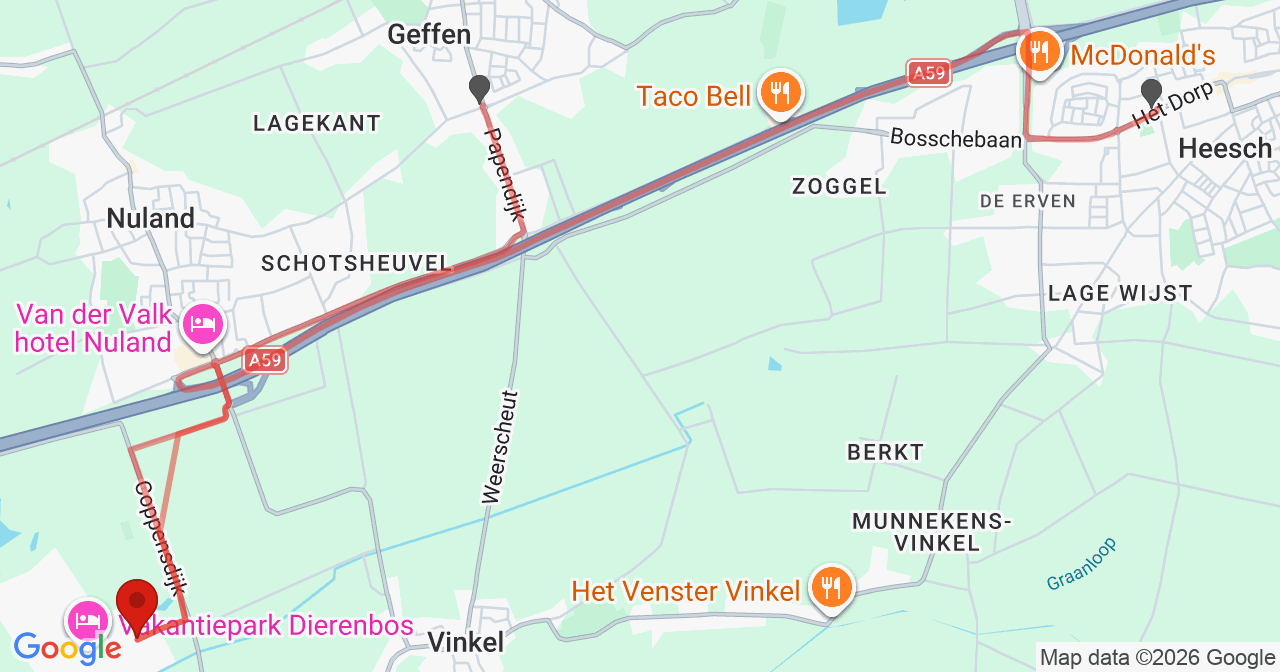 Kaart van het incident in Vinkel met de aanrijroutes van de gealarmeerde eenheden