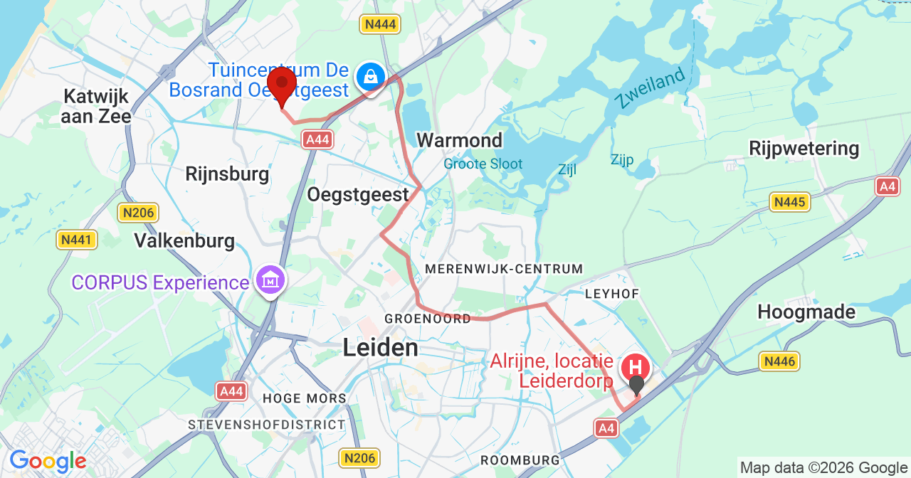 Kaart van het incident in Rijnsburg met de aanrijroutes van de gealarmeerde eenheden