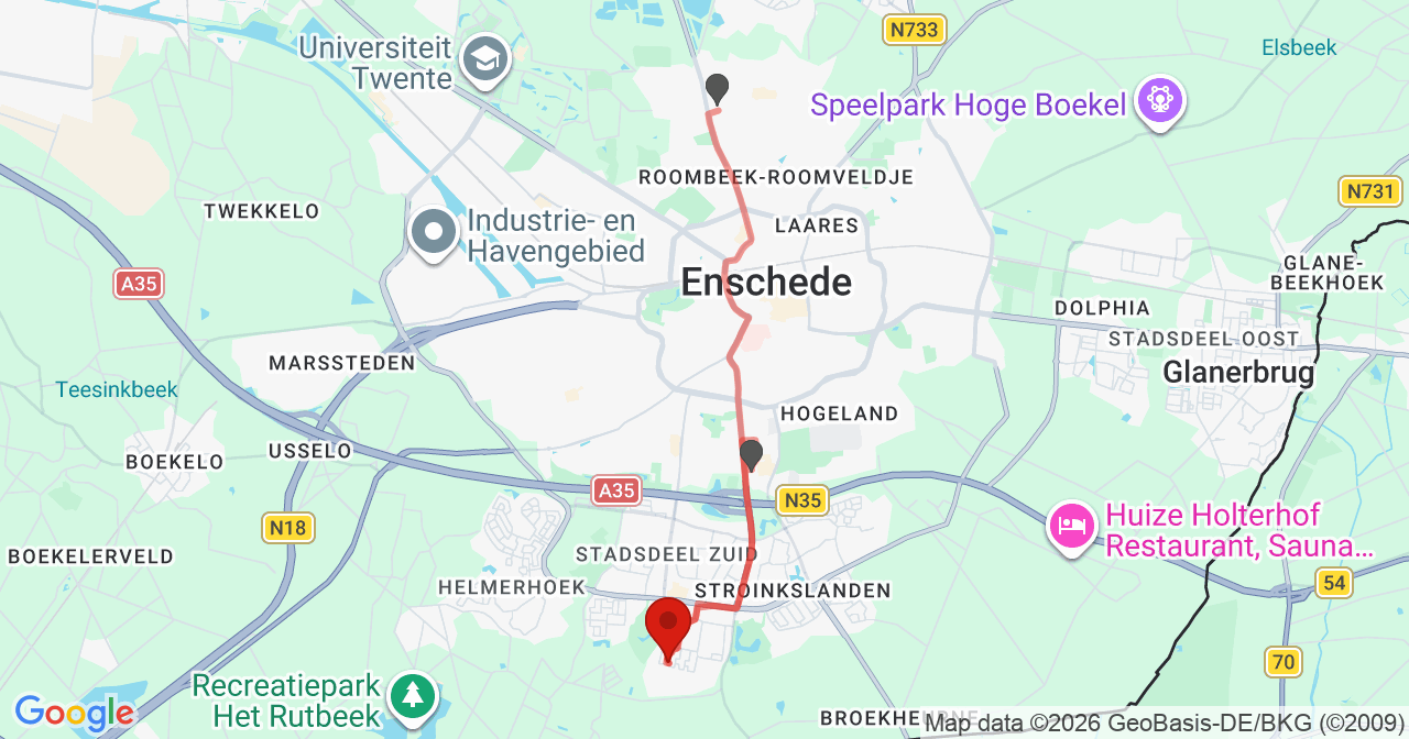 Kaart van het incident in Enschede met de aanrijroutes van de gealarmeerde eenheden