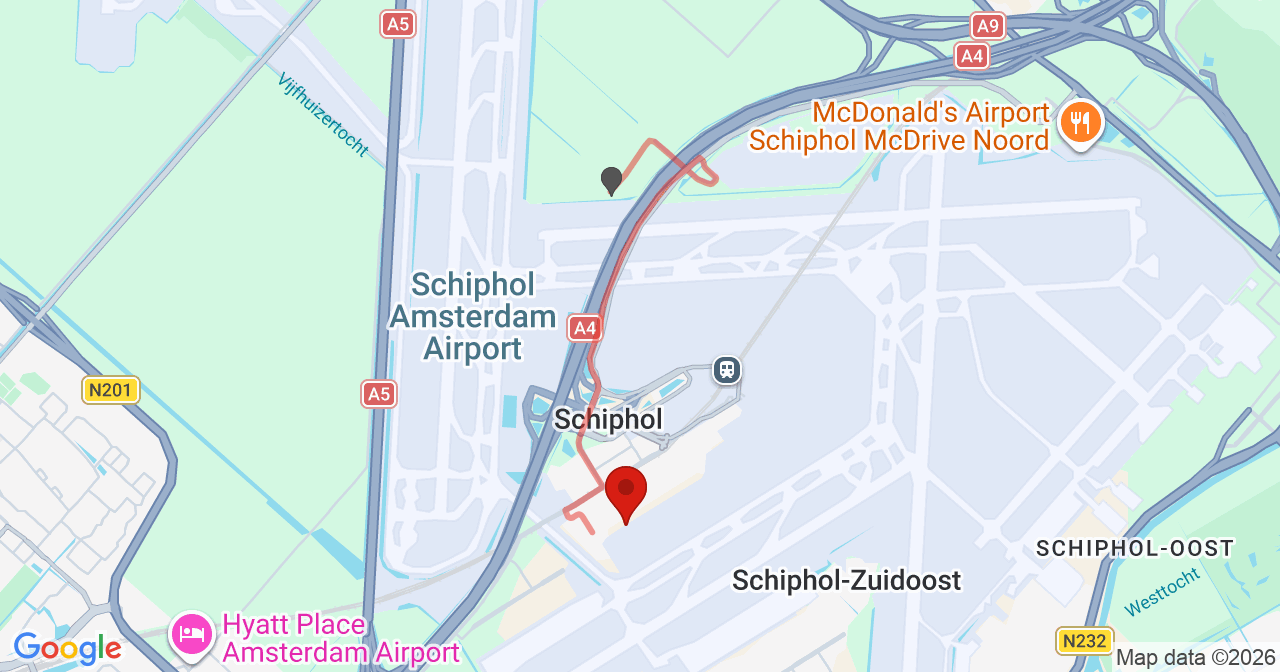 Kaart van het incident in Schiphol met berekende routes vanaf gealarmeerde posten