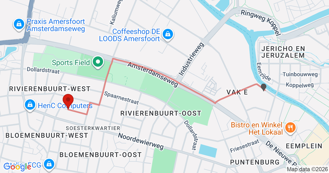Kaart van het incident in Amersfoort met de aanrijroutes van de gealarmeerde eenheden
