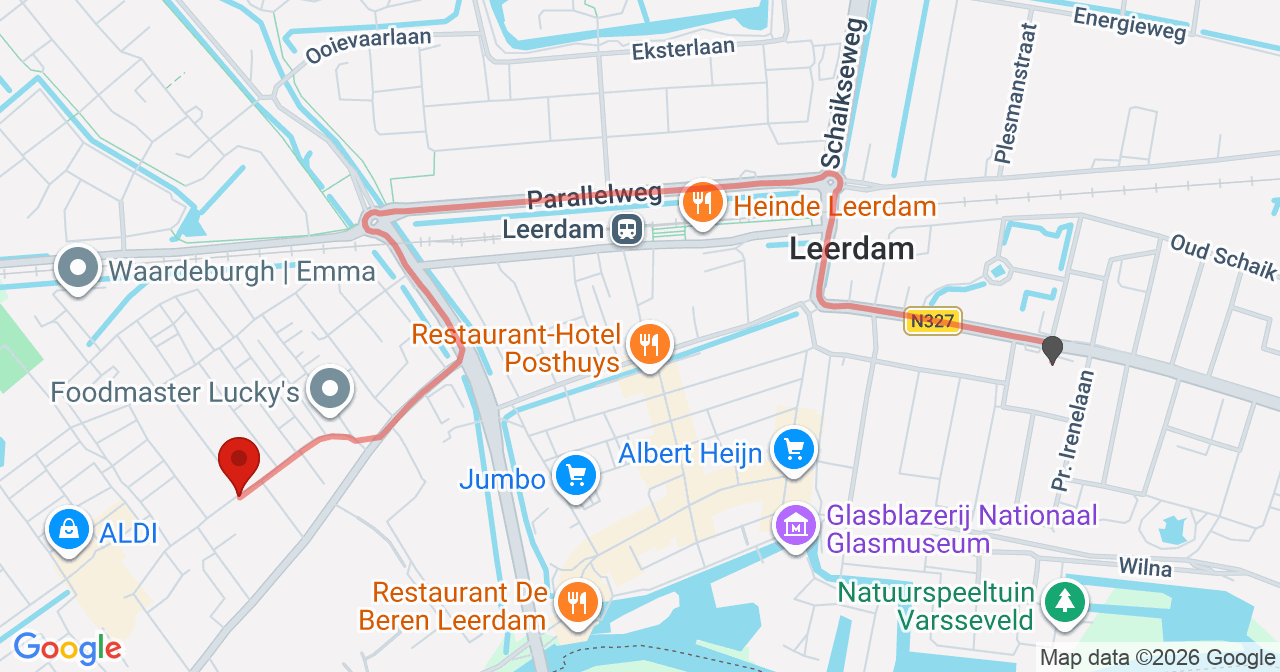 Kaart van het incident in Leerdam met de aanrijroutes van de gealarmeerde eenheden