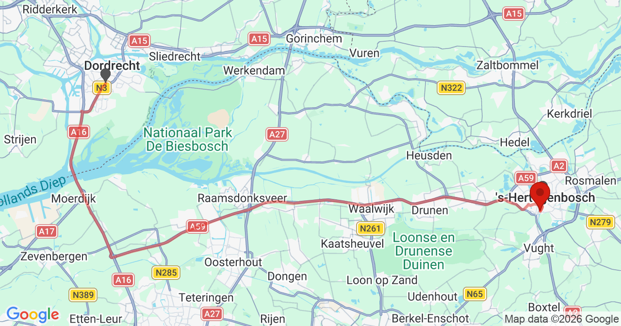 Kaart van het incident in 's-Hertogenbosch met de aanrijroutes van de gealarmeerde eenheden