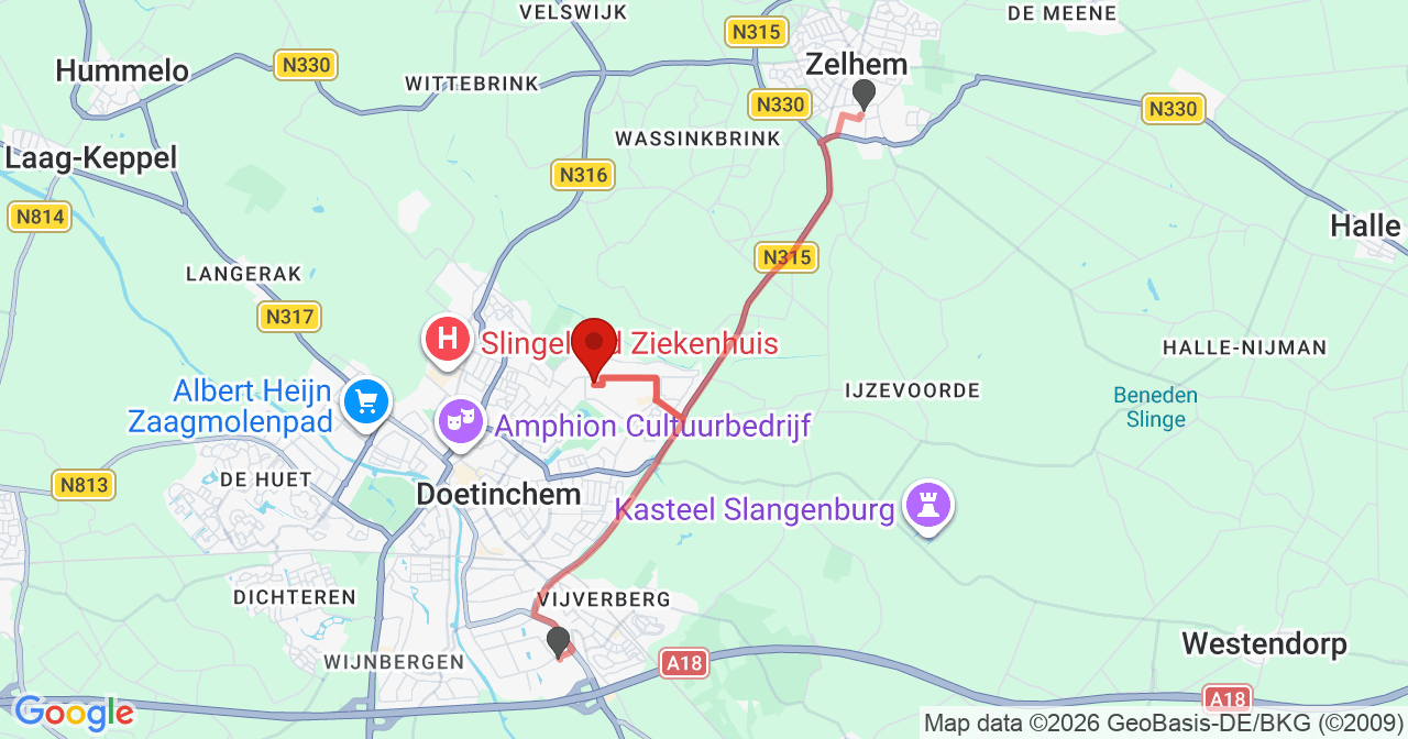 Kaart van het incident in Doetinchem met de aanrijroutes van de gealarmeerde eenheden