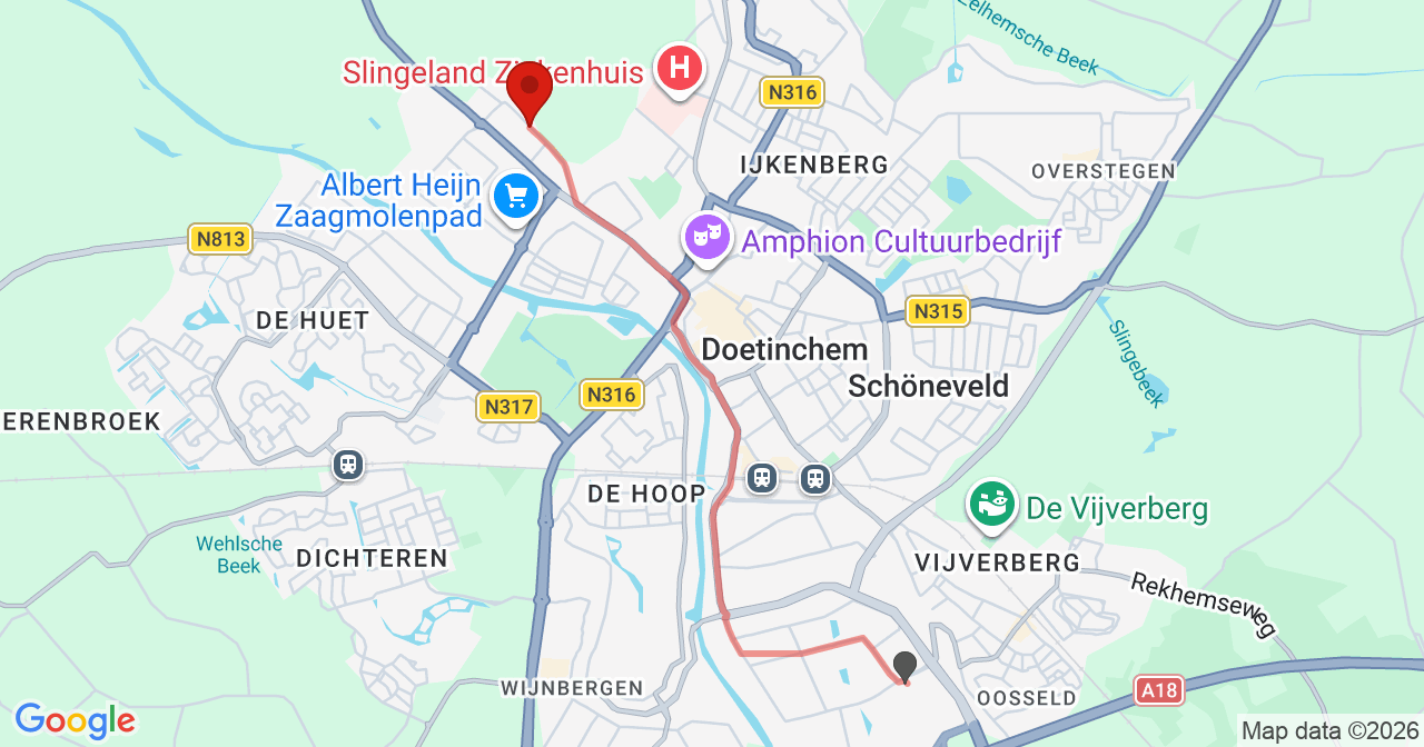 Kaart van het incident in Doetinchem met de aanrijroutes van de gealarmeerde eenheden