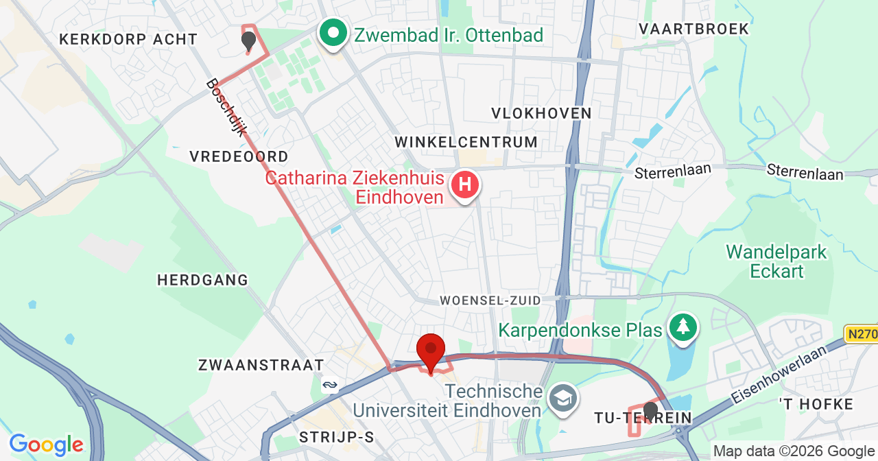 Kaart van het incident in Eindhoven met de aanrijroutes van de gealarmeerde eenheden