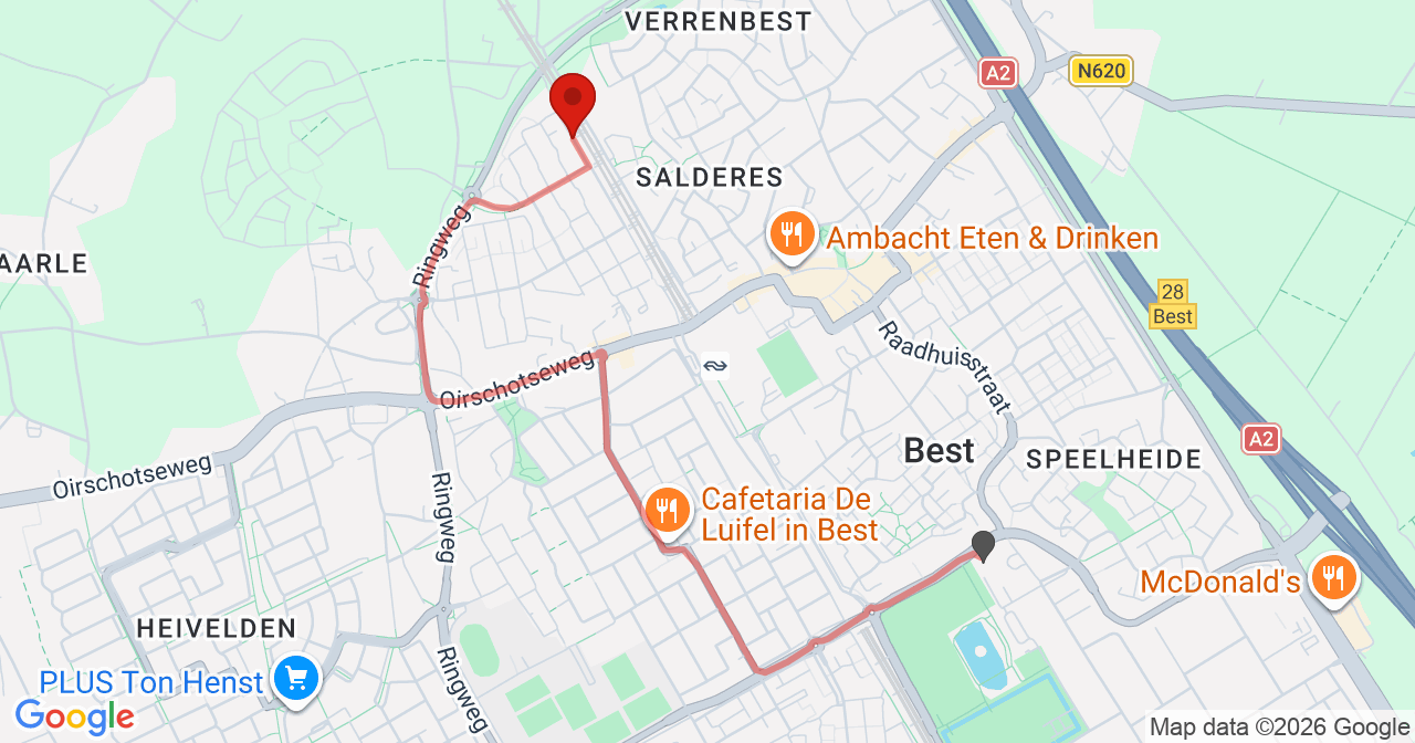 Kaart van het incident in Best met de aanrijroutes van de gealarmeerde eenheden