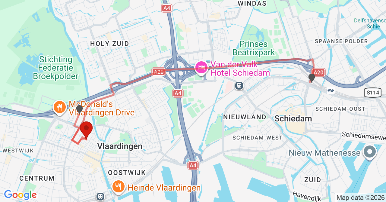 Kaart van het incident in Vlaardingen met de aanrijroutes van de gealarmeerde eenheden