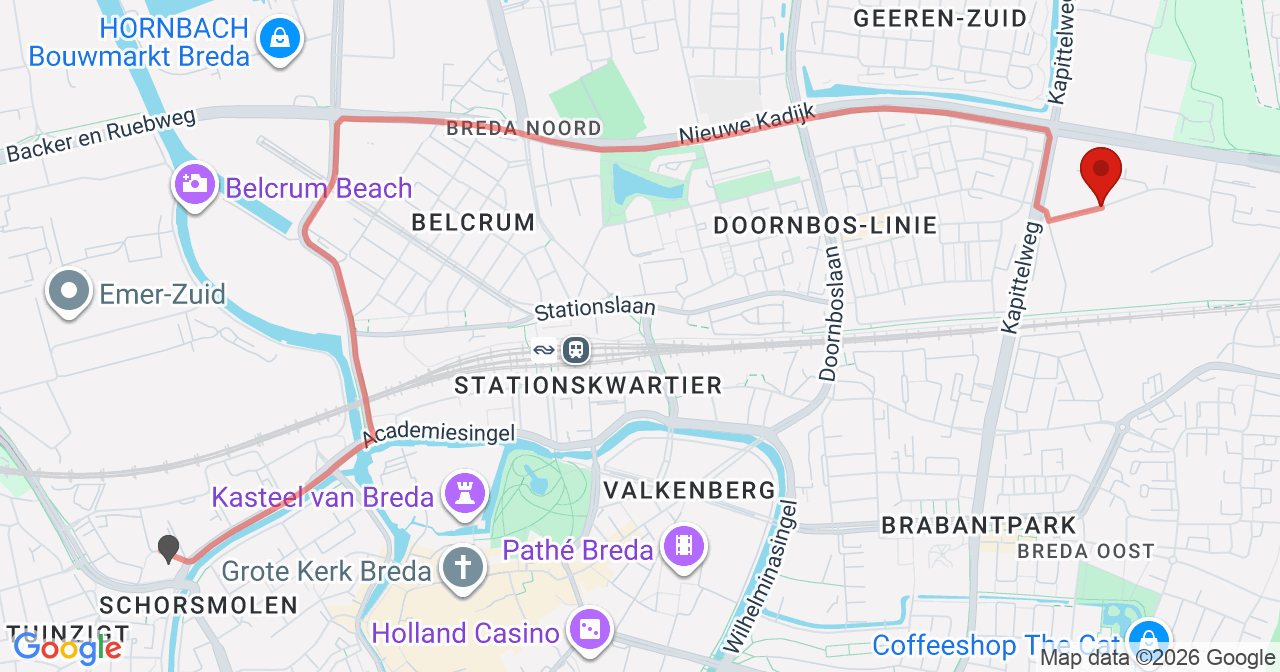 Kaart van het incident in Breda met berekende routes vanaf gealarmeerde posten
