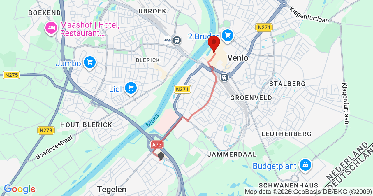 Kaart van het incident in Venlo met de aanrijroutes van de gealarmeerde eenheden