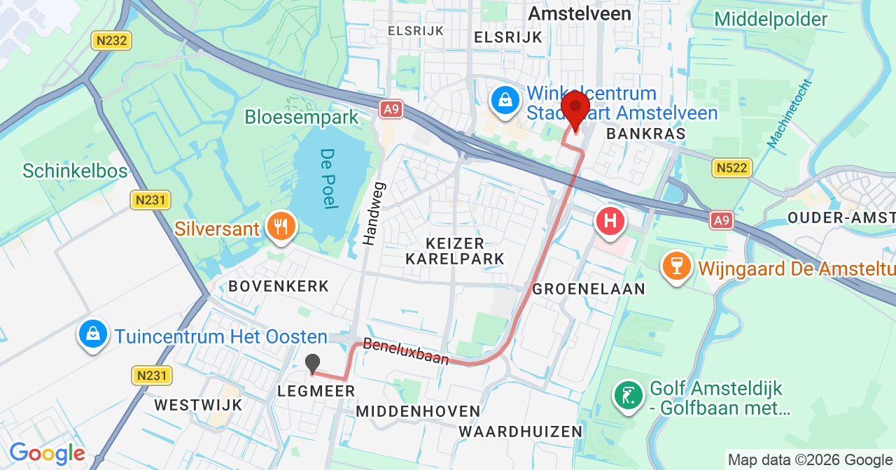 Kaart van het incident in Amstelveen met de aanrijroutes van de gealarmeerde eenheden