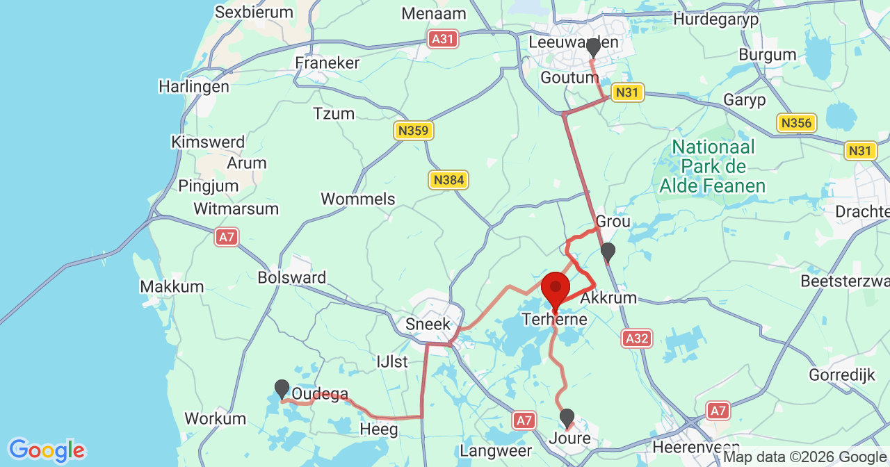 Kaart van het incident in Terherne met de aanrijroutes van de gealarmeerde eenheden