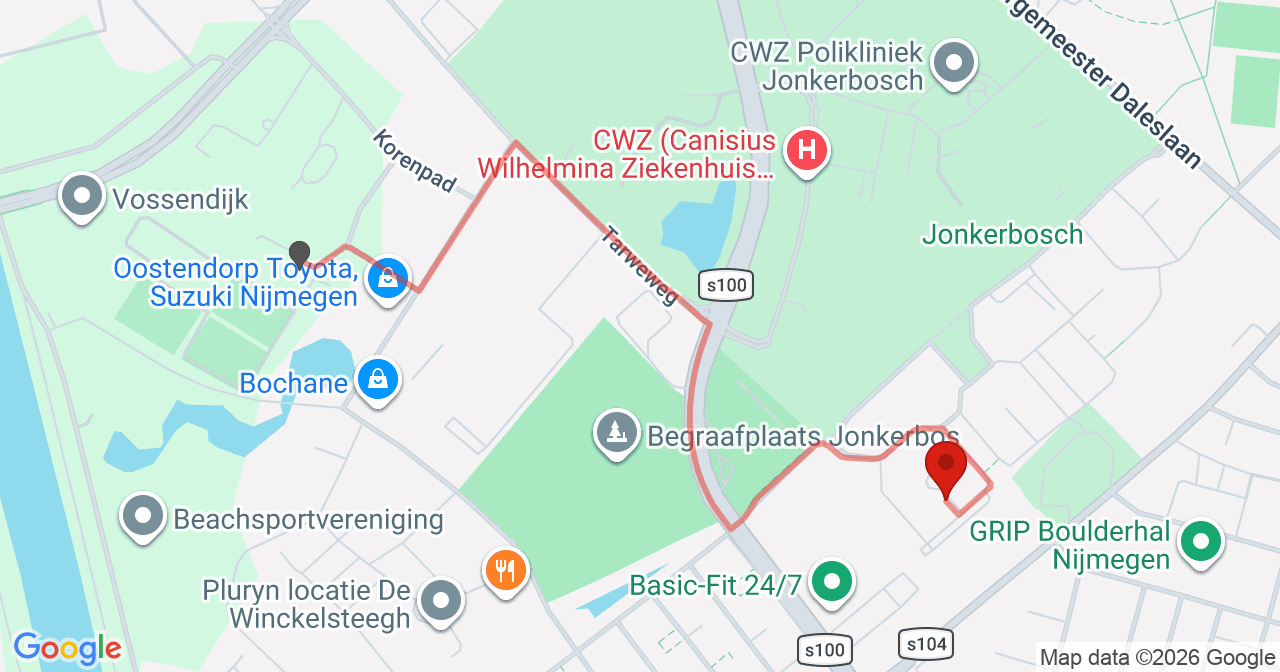 Kaart van het incident in Nijmegen met berekende routes vanaf gealarmeerde posten