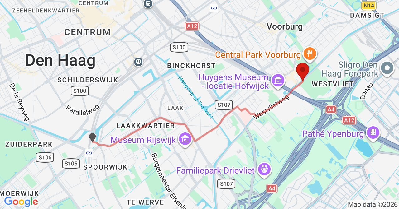 Kaart van het incident in 's-Gravenhage met de aanrijroutes van de gealarmeerde eenheden