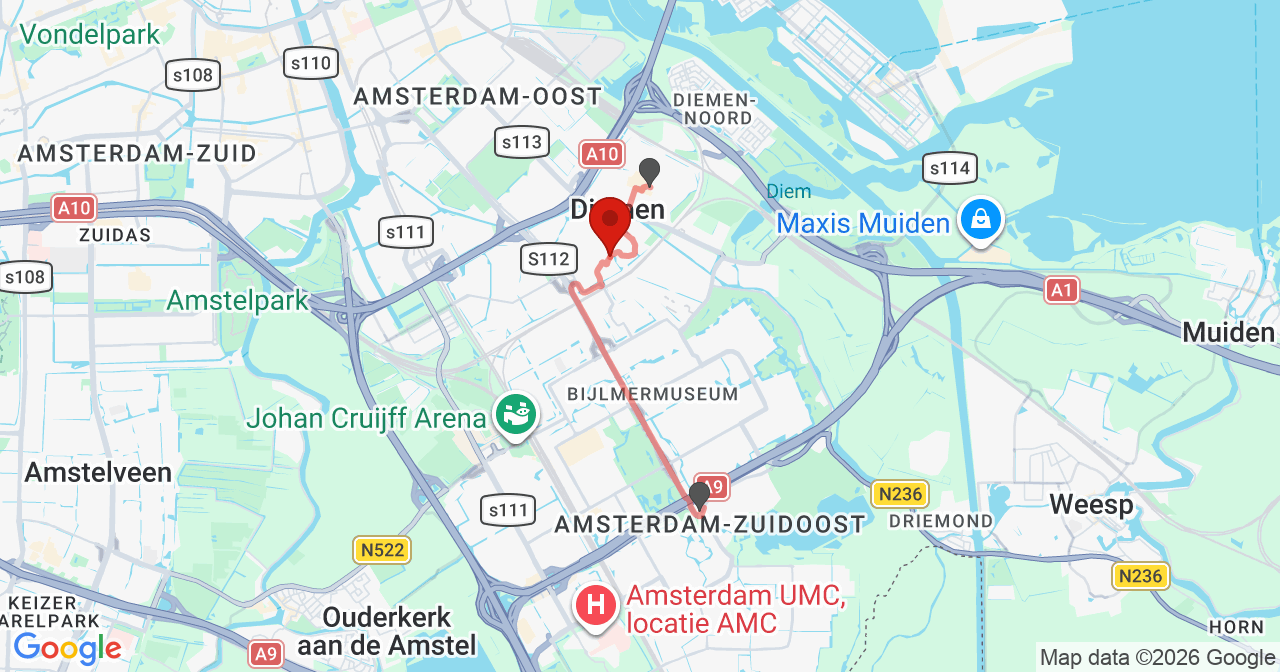 Kaart van het incident in Diemen met de aanrijroutes van de gealarmeerde eenheden