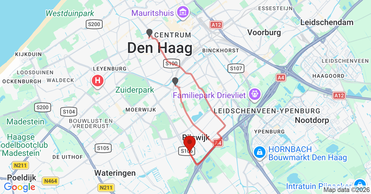 Kaart van het incident in Rijswijk ZH met de aanrijroutes van de gealarmeerde eenheden