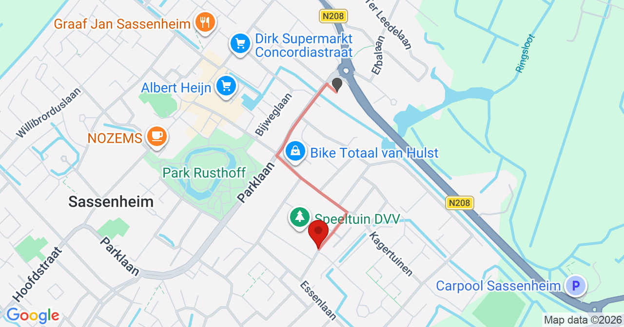 Kaart van het incident in Sassenheim met de aanrijroutes van de gealarmeerde eenheden